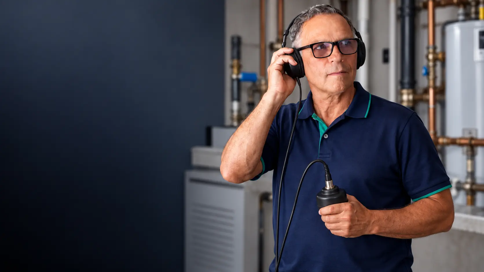 Almeida escutando a tubulação com fone de ouvido e o sensor do geofone na mão