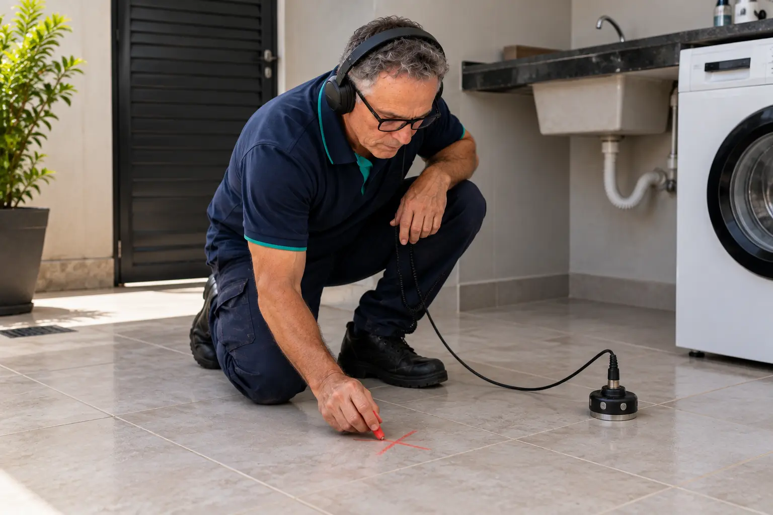 Almeida agachado, de fone de ouvido, marcando um X vermelho no piso ao lado do sensor do geofone