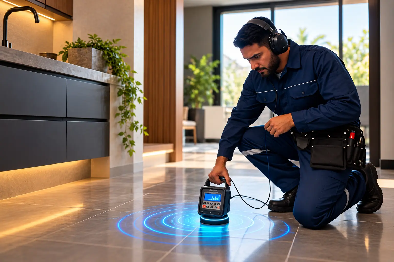 Técnico ajoelhado, com fone de ouvido, apoiando o geofone digital no piso de uma cozinha