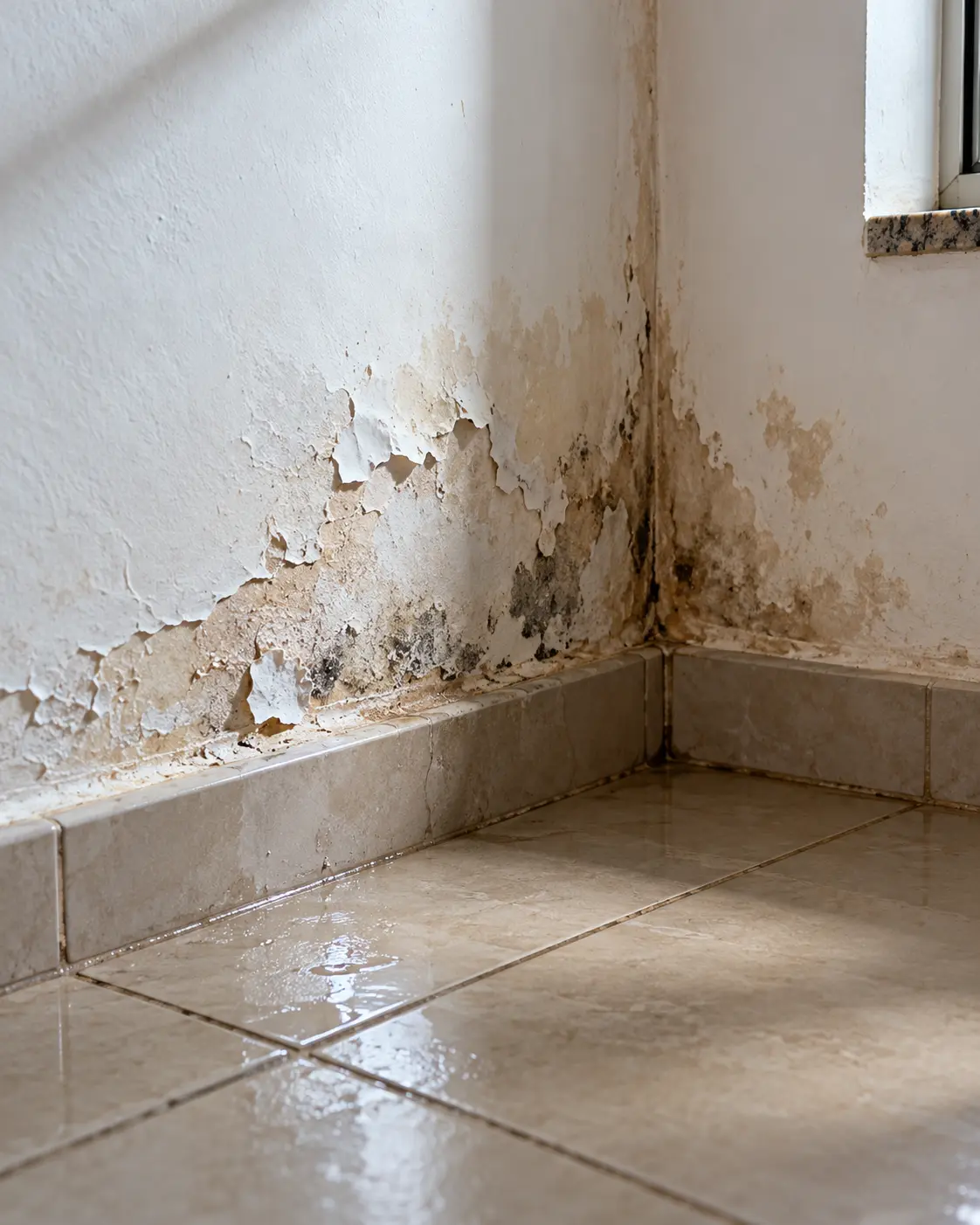 Canto de parede com mancha de umidade, mofo e tinta descascando acima do rodapé, e o piso molhado